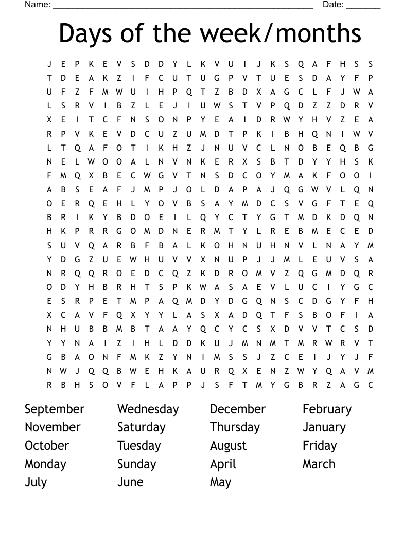 Days of the week/months Word Search