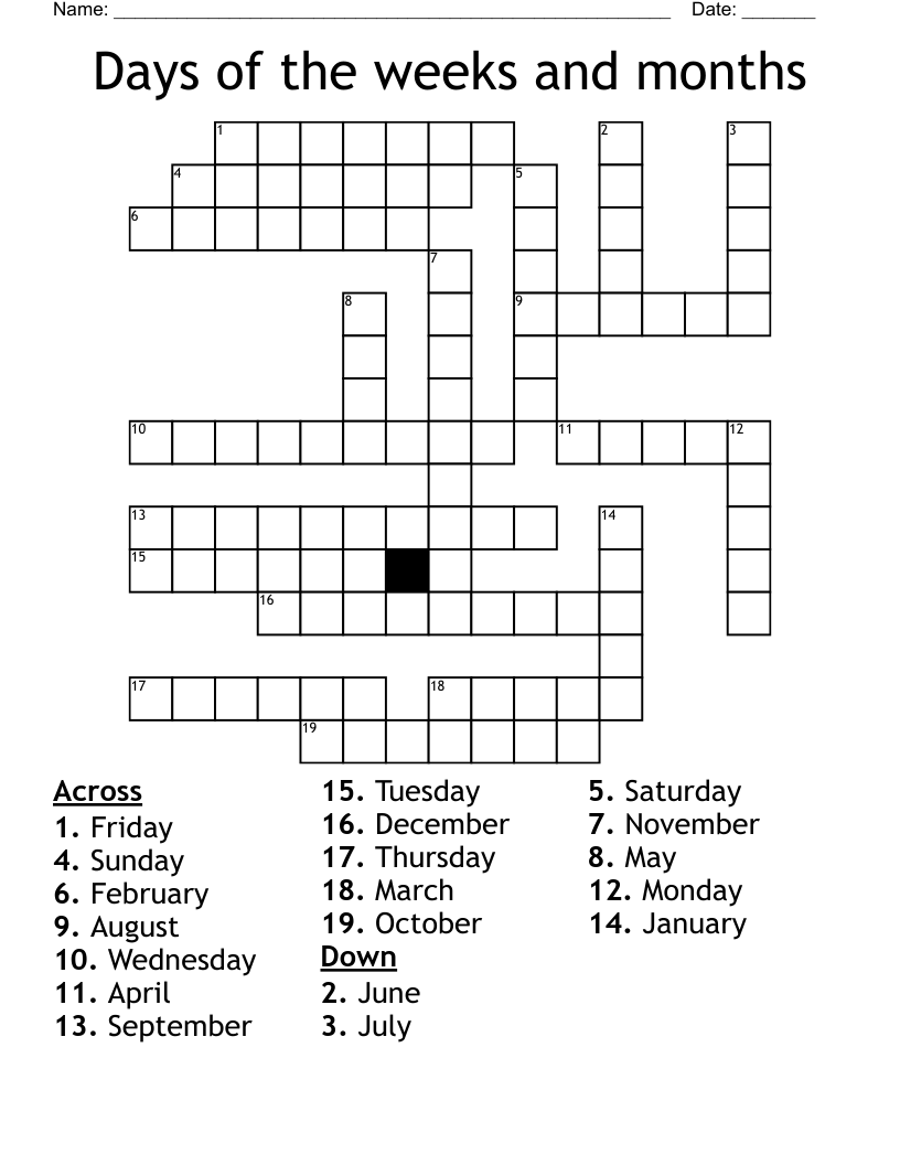 Days of the weeks and months Crossword
