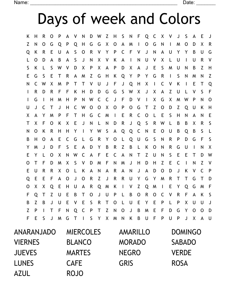 Days of week and Colors Word Search