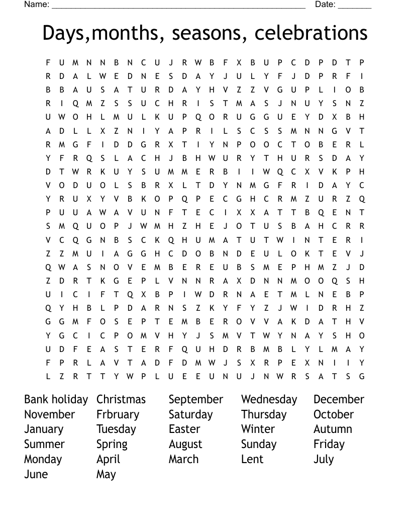 Days,months, seasons, celebrations Word Search