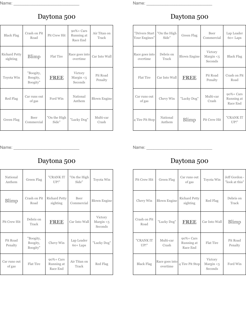 Daytona 500 Bingo Cards