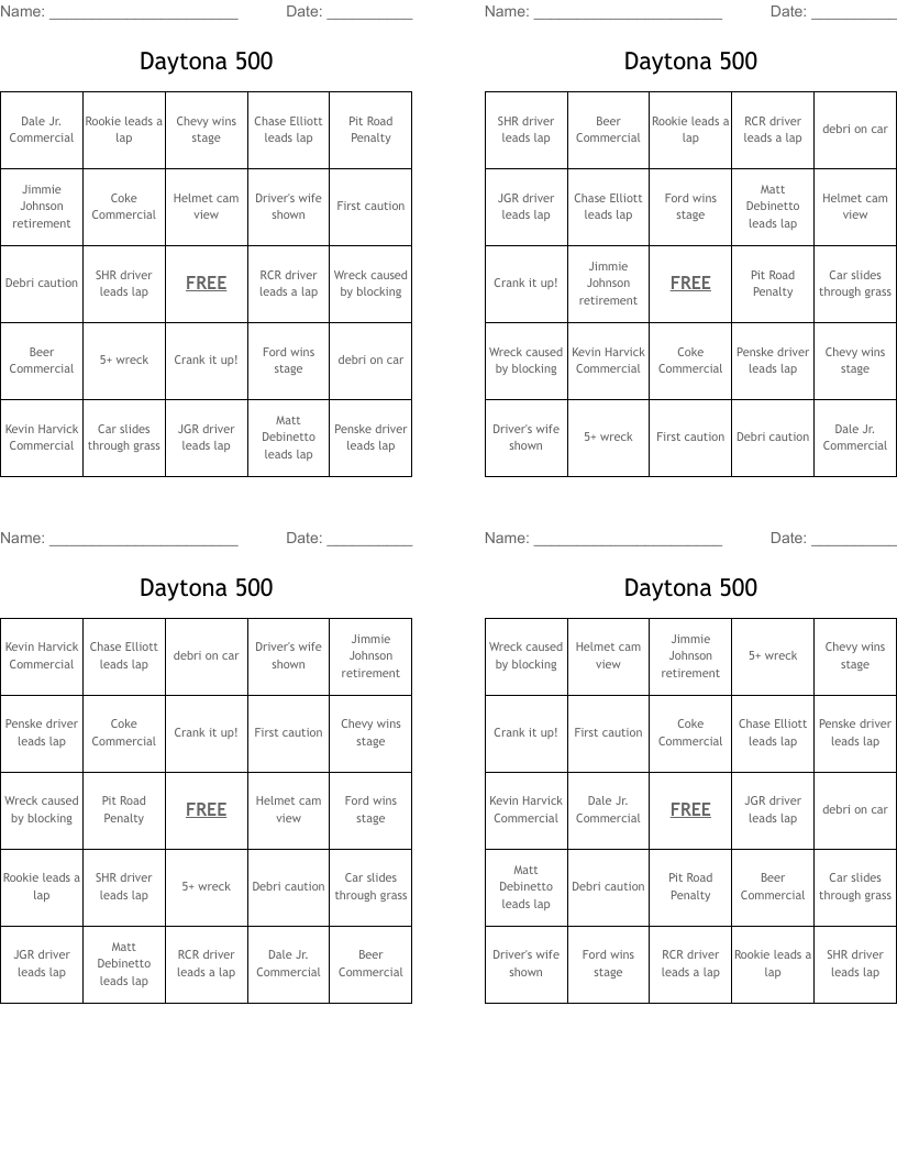 Daytona 500 Bingo Cards