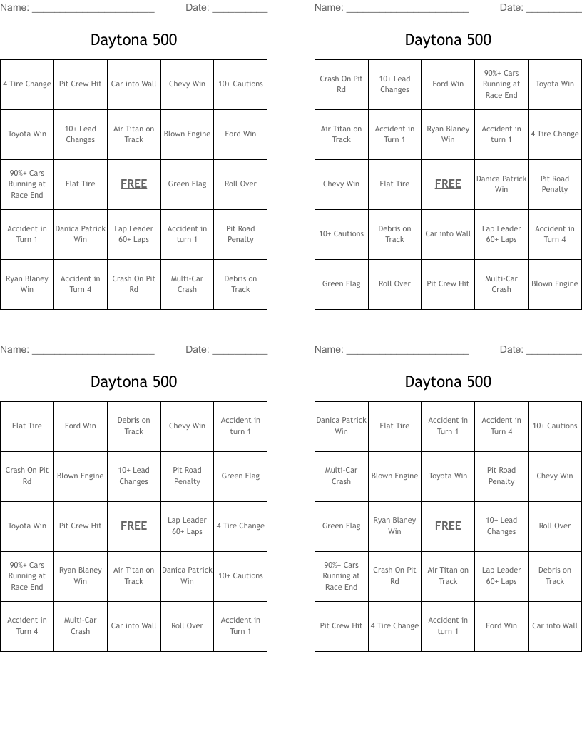 Daytona 500 Bingo Cards