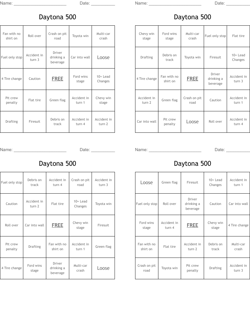Daytona 500 Bingo Cards