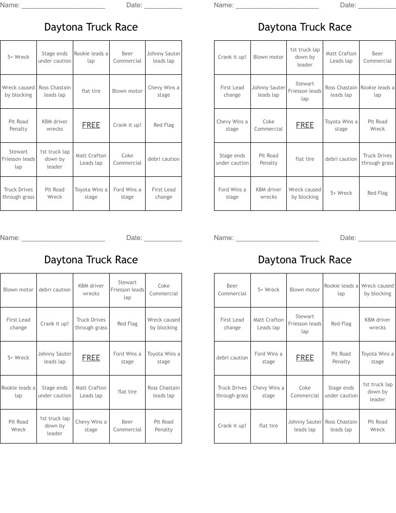 Daytona Truck Race Bingo Cards