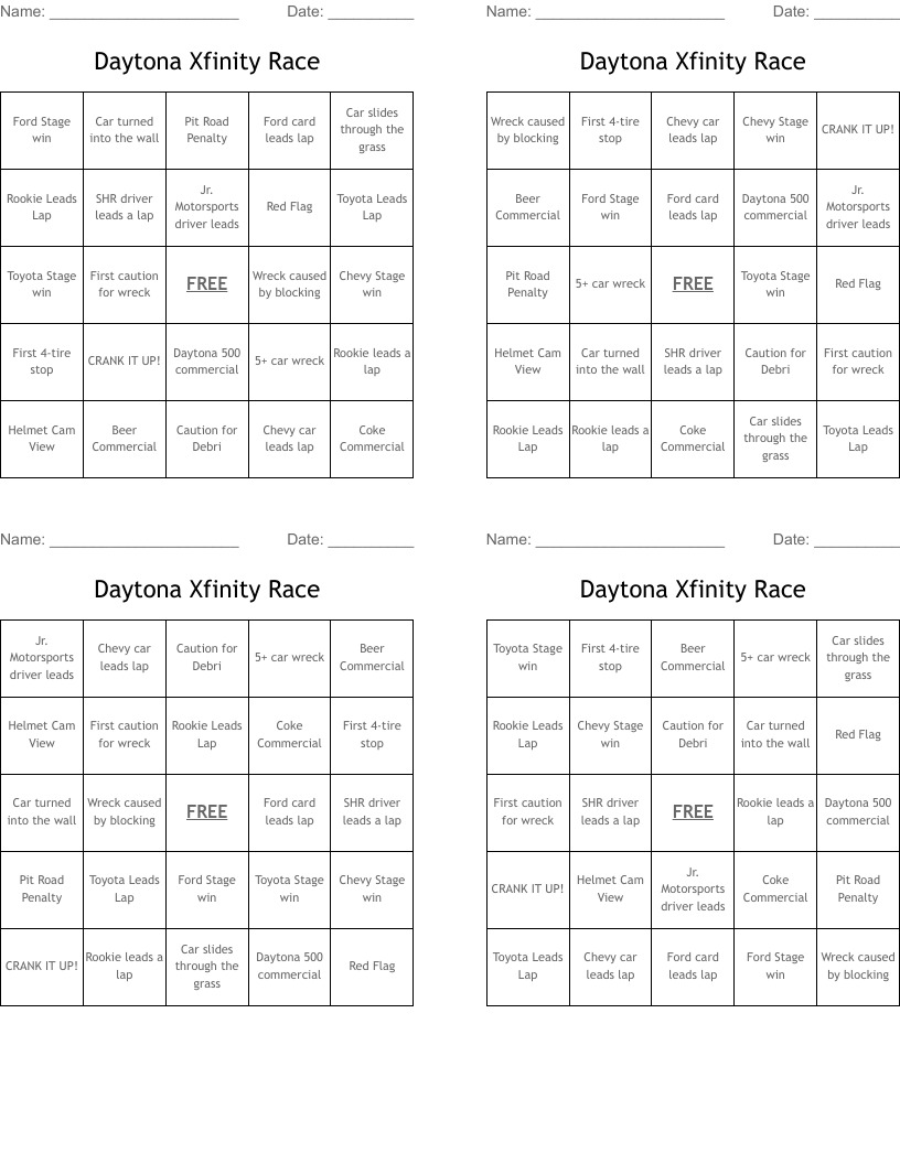 Daytona Xfinity Race Bingo Cards