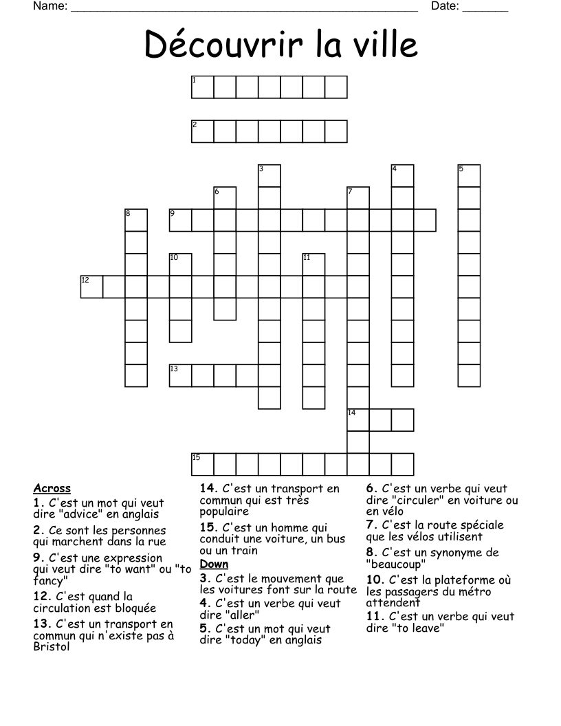 Découvrir la ville Crossword