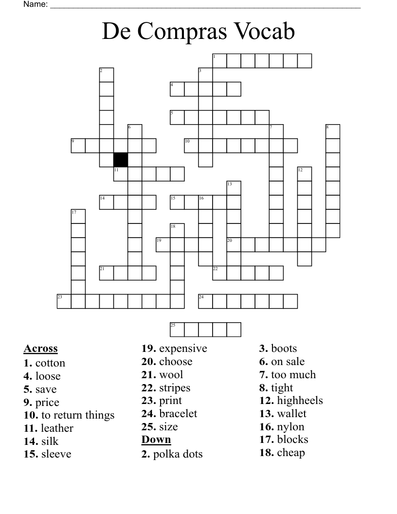 De Compras Vocab Crossword
