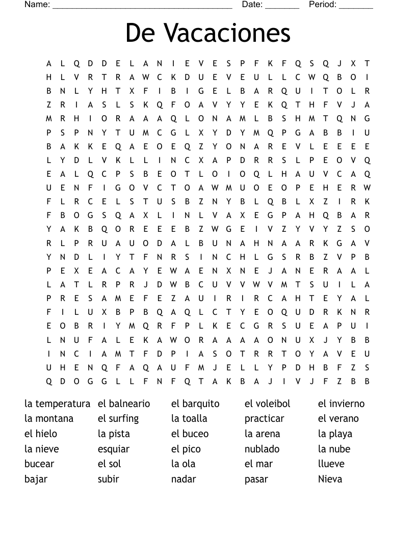 De Vacaciones Word Search