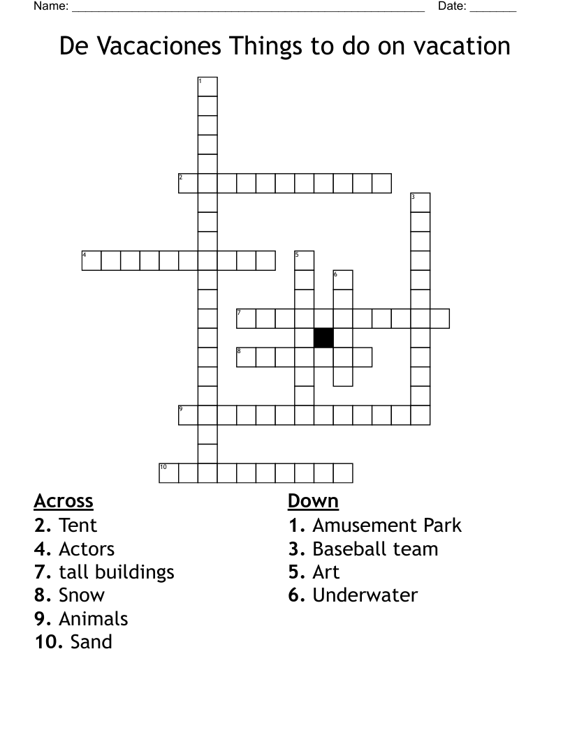 De Vacaciones Things to do on vacation Crossword
