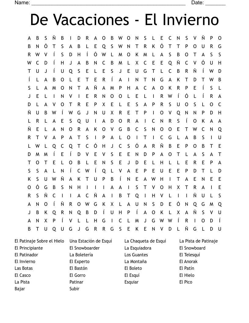 De Vacaciones - El Invierno Word Search