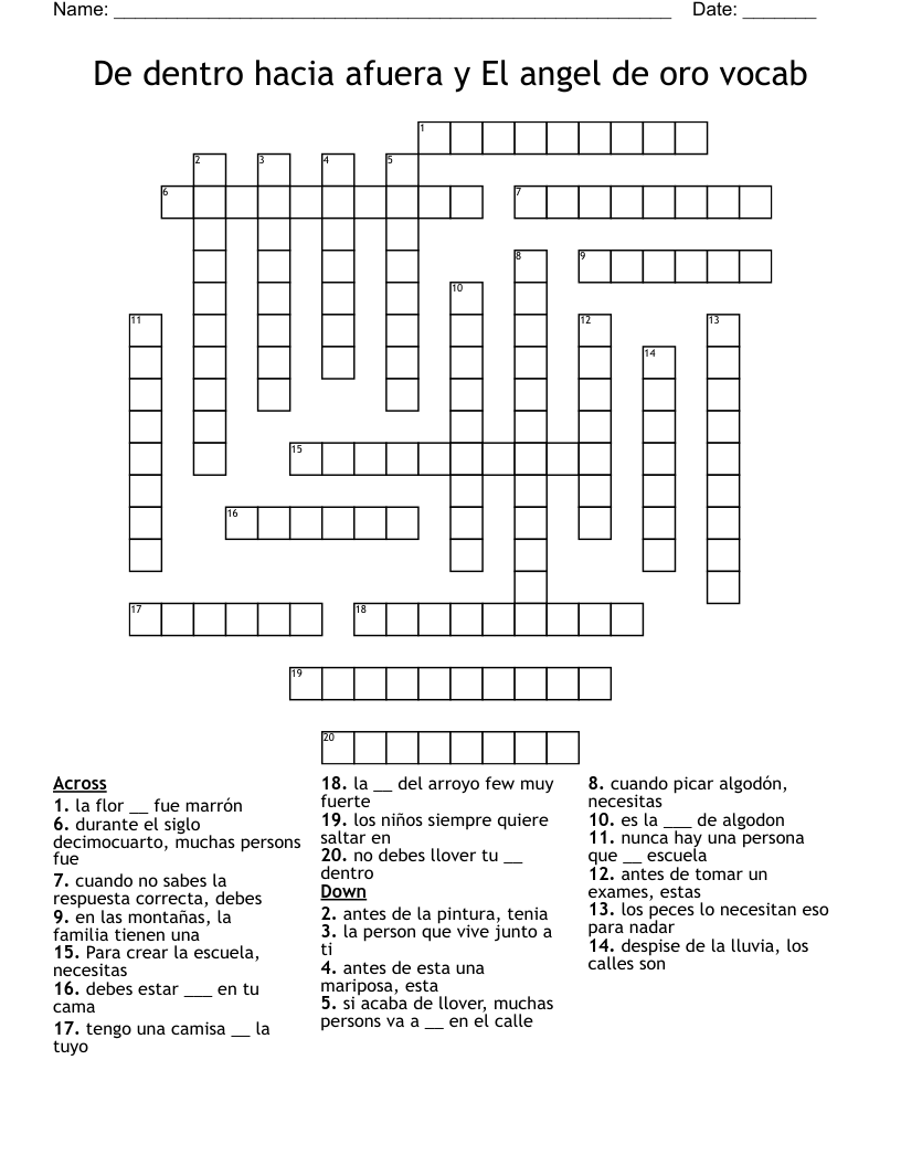 De dentro hacia afuera y El angel de oro vocab Crossword