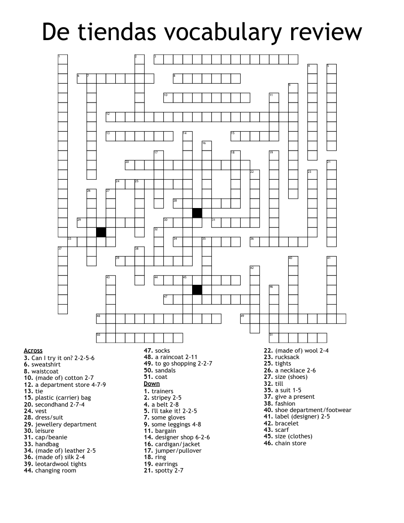 De tiendas vocabulary review Crossword