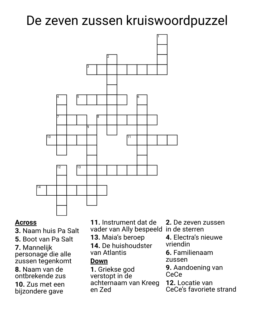 De zeven zussen kruiswoordpuzzel Crossword