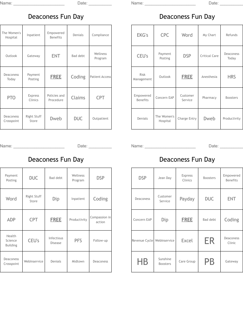 Deaconess Fun Day Bingo Cards