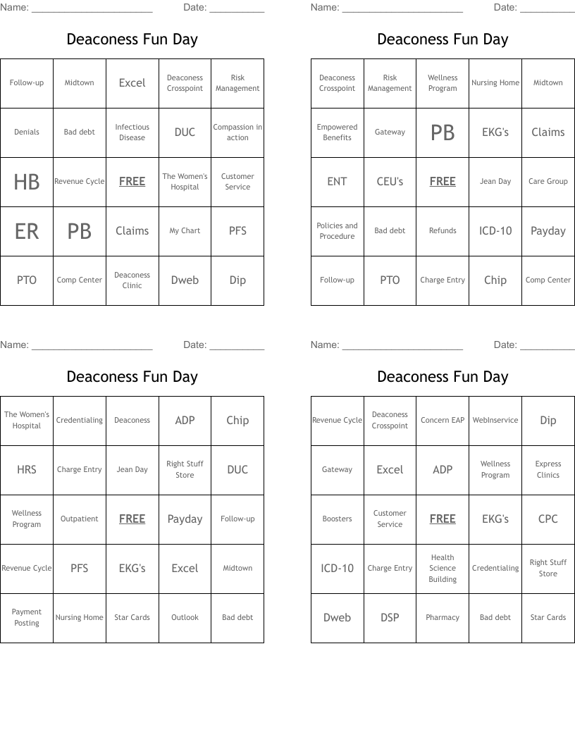 Deaconess Fun Day Bingo Cards