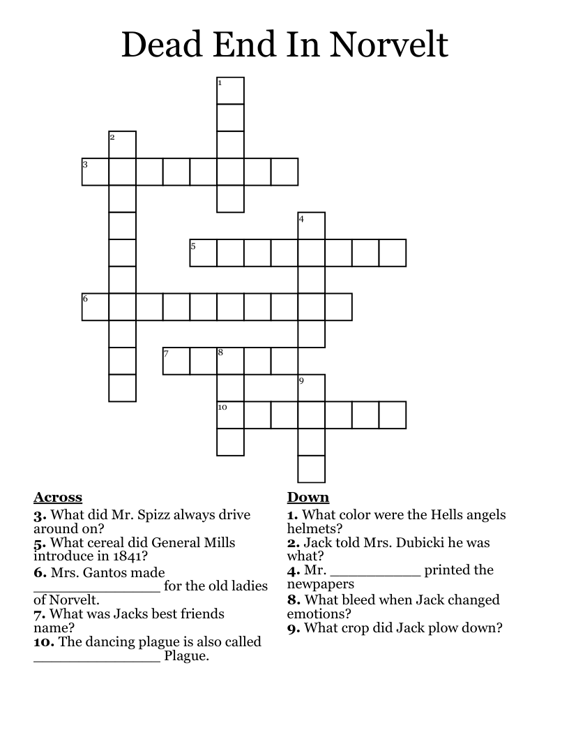 Dead End In Norvelt Crossword