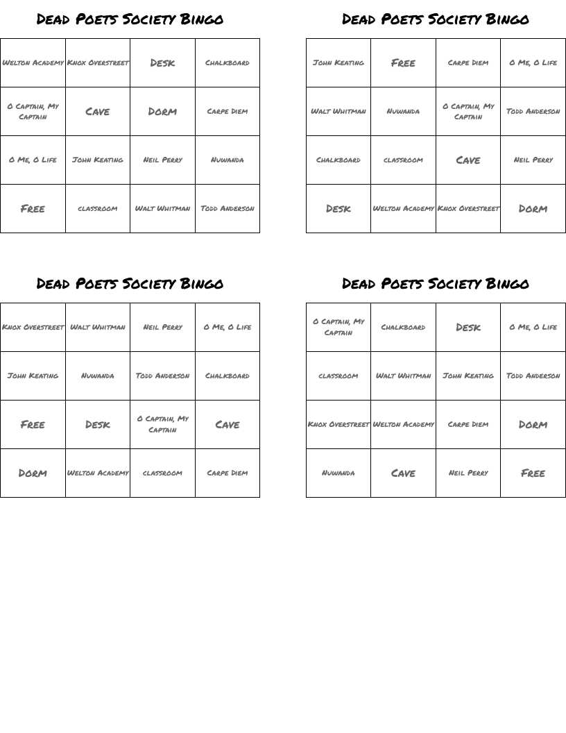 Dead Poets Society Bingo