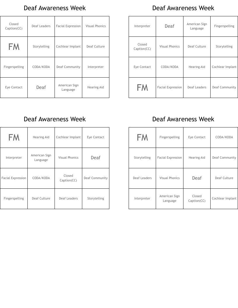 Deaf Awareness Week Bingo Cards
