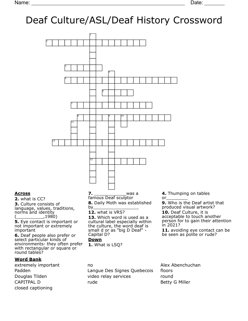 Deaf Culture/ASL/Deaf History Crossword