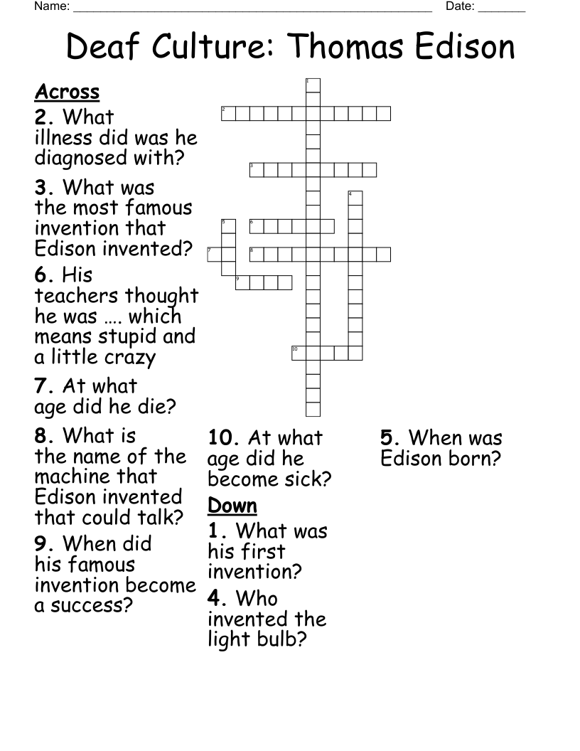 Deaf Culture: Thomas Edison  Crossword