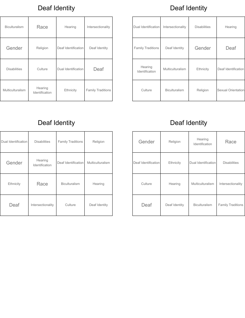 Deaf Identity  Bingo Cards