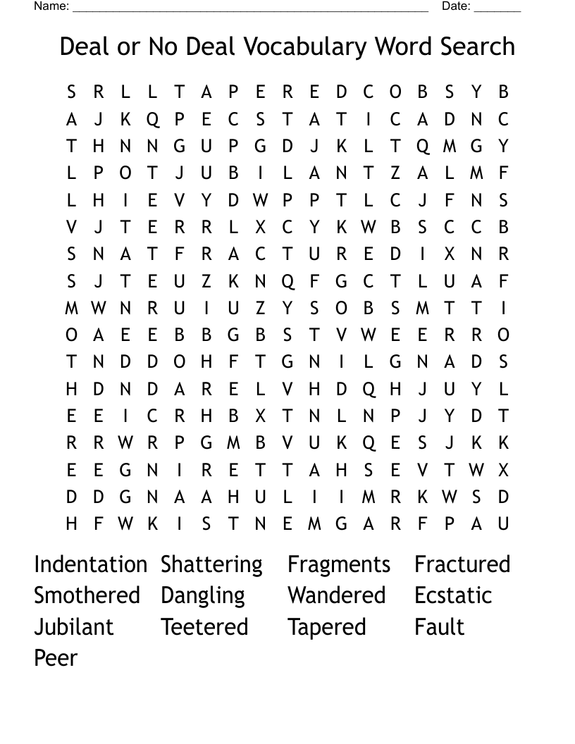 Deal or No Deal Vocabulary Word Search