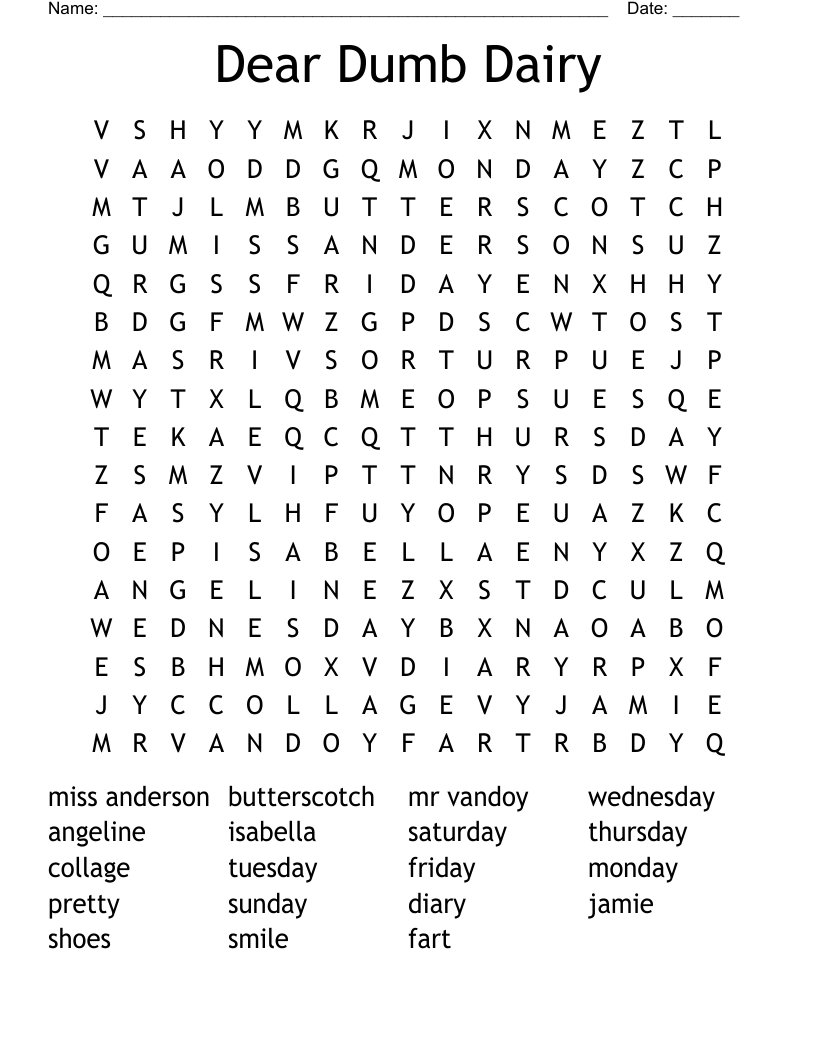 Dear Dumb Dairy Word Search