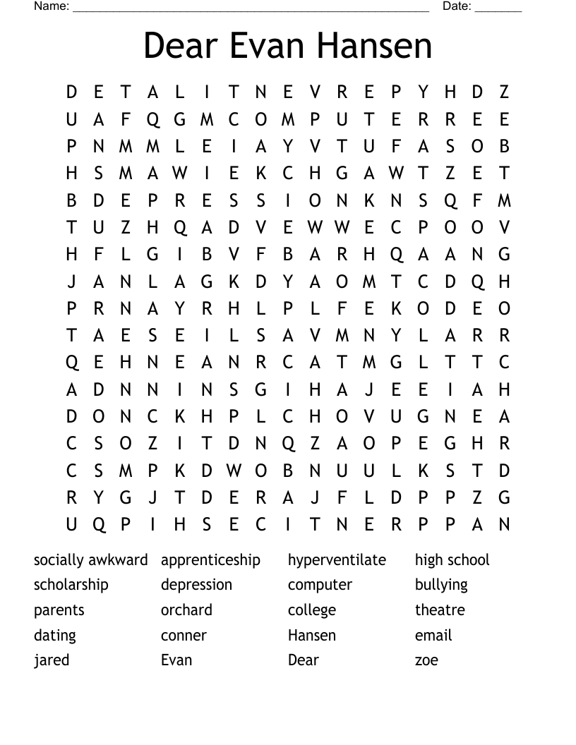Dear Evan Hansen Word Search