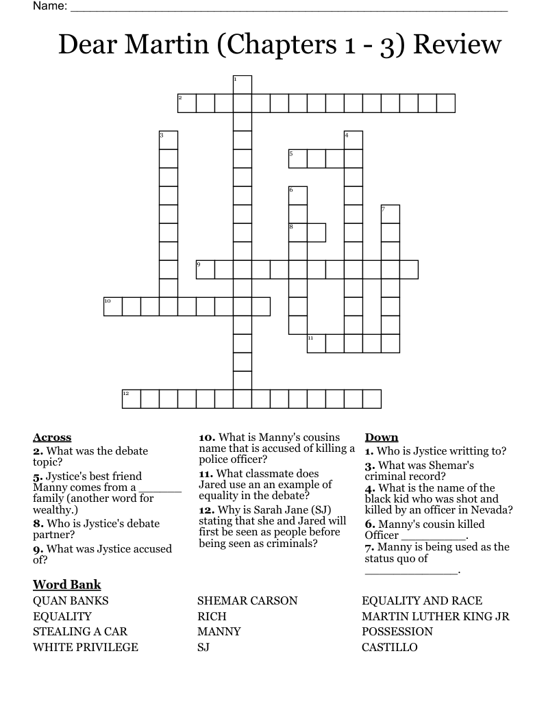 Dear Martin (Chapters 1 - 3) Review Crossword