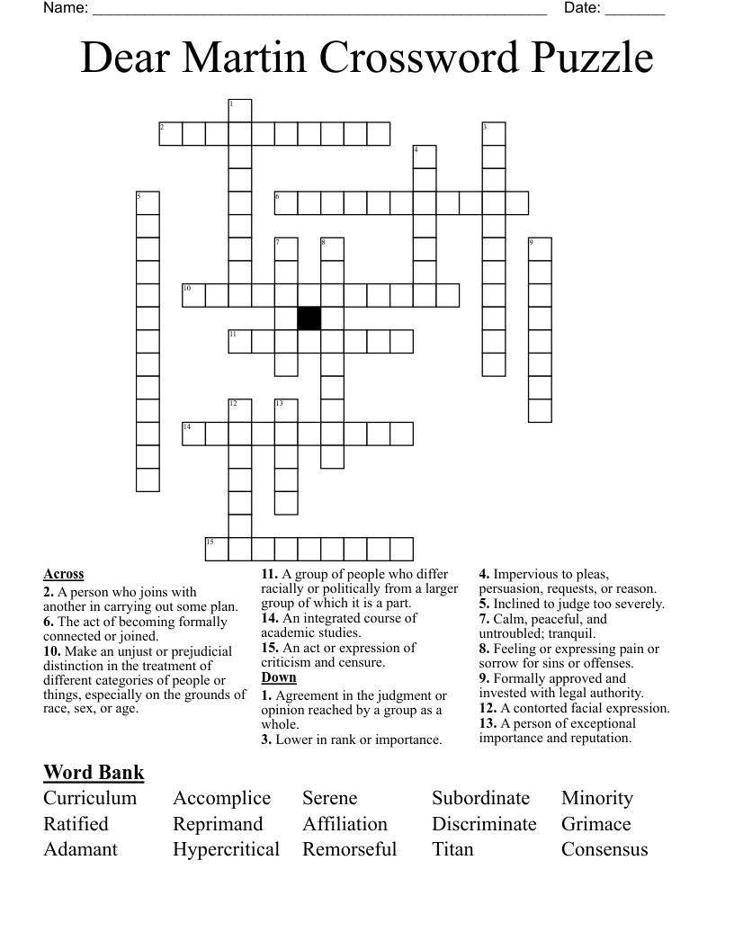 Dear Martin Crossword Puzzle
