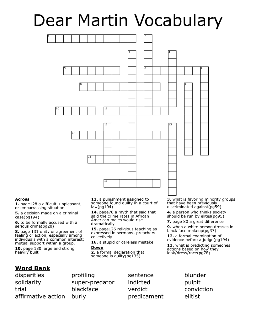 Dear Martin Vocabulary Crossword