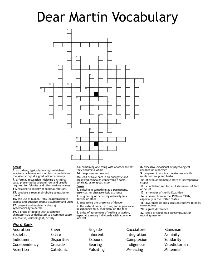 Dear Martin Vocabulary Crossword