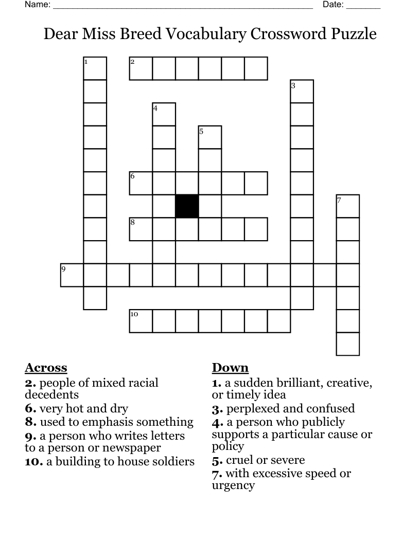 Dear Miss Breed Vocabulary Crossword Puzzle