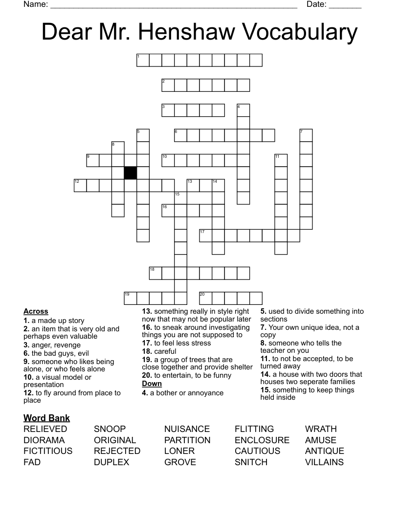 Dear Mr. Henshaw Vocabulary Crossword