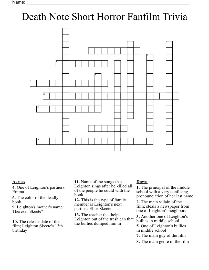 Death Note Short Horror Fanfilm Trivia Crossword