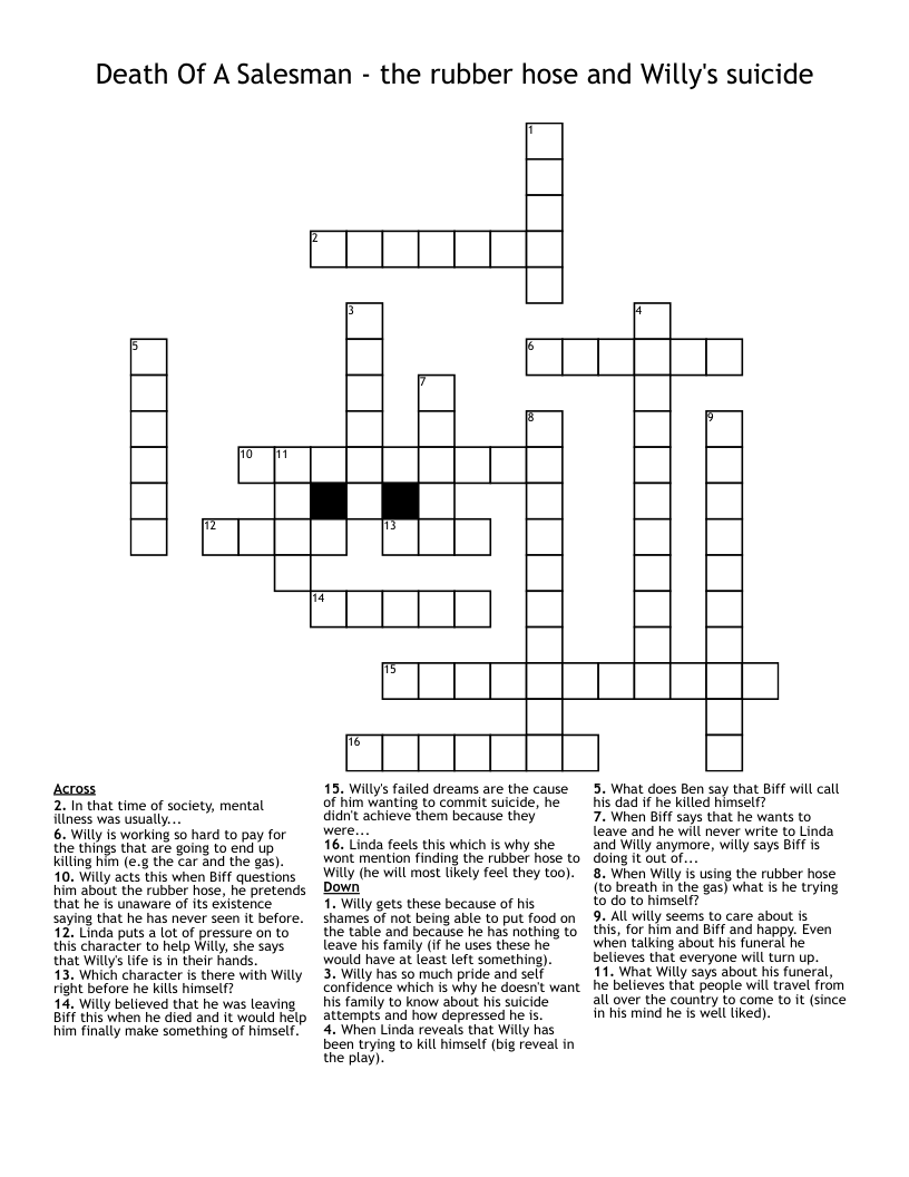Death Of A Salesman - the rubber hose and Willy's suicide Crossword