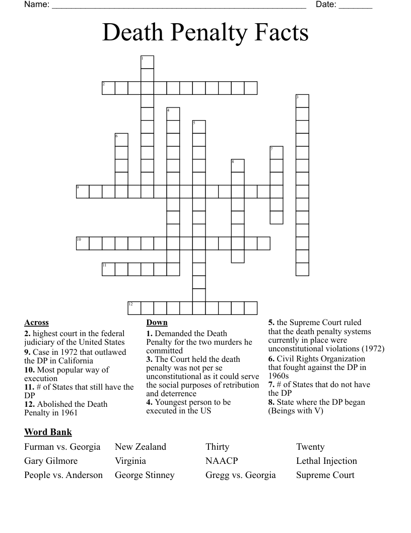 Death Penalty Facts Crossword