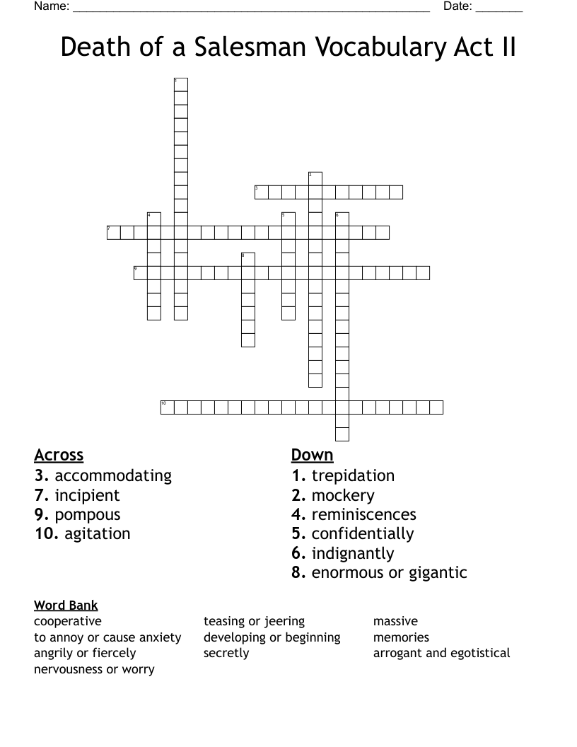 Death of a Salesman Vocabulary Act II Crossword