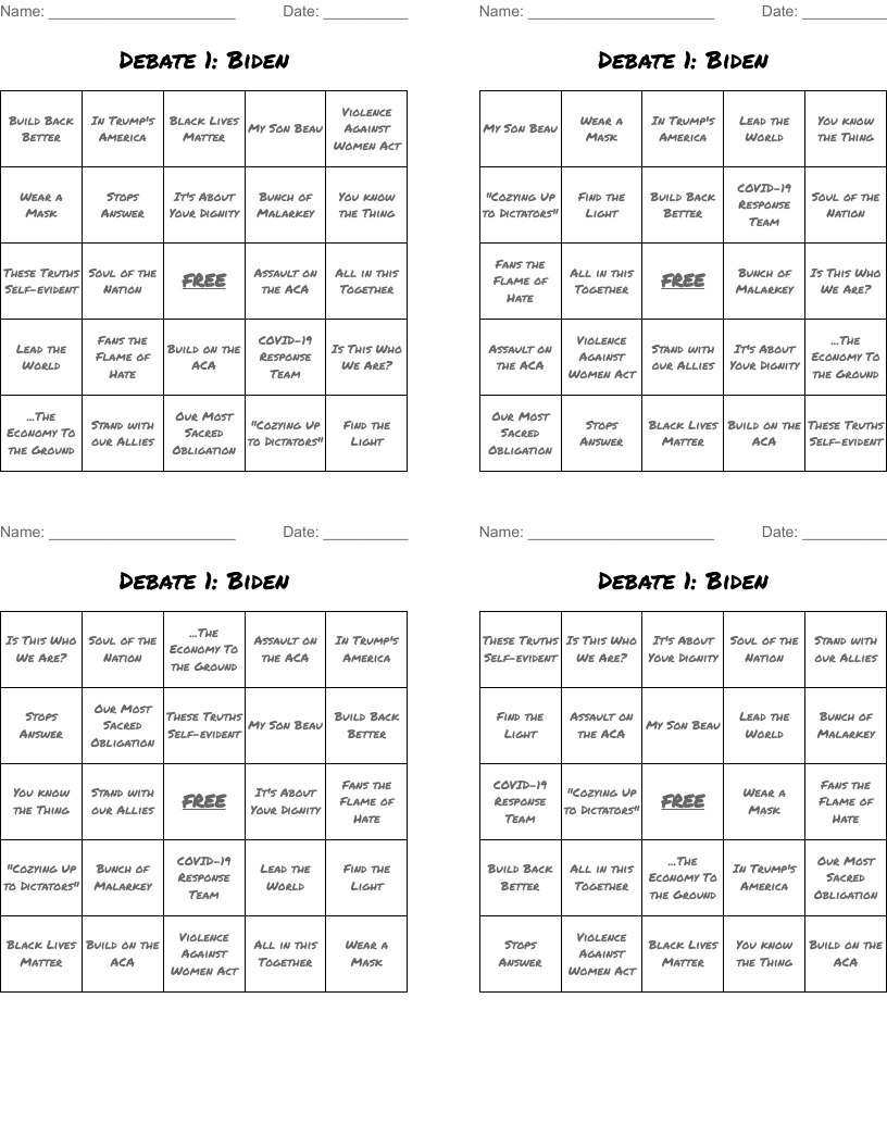 Debate 1: Biden Bingo Cards