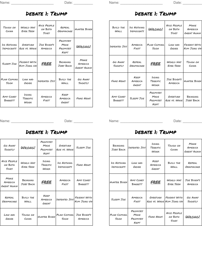 Debate 1: Trump Bingo Cards