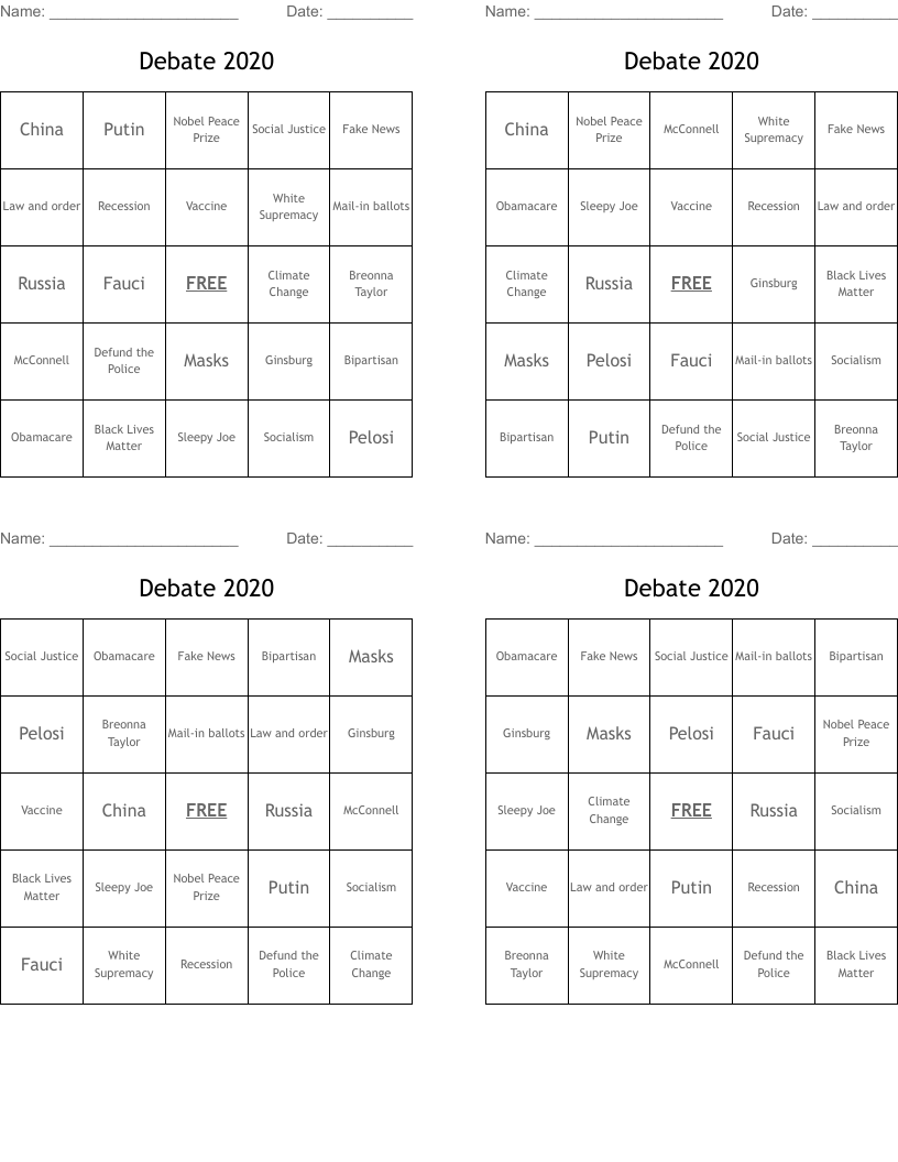 Debate 2020 Bingo Cards