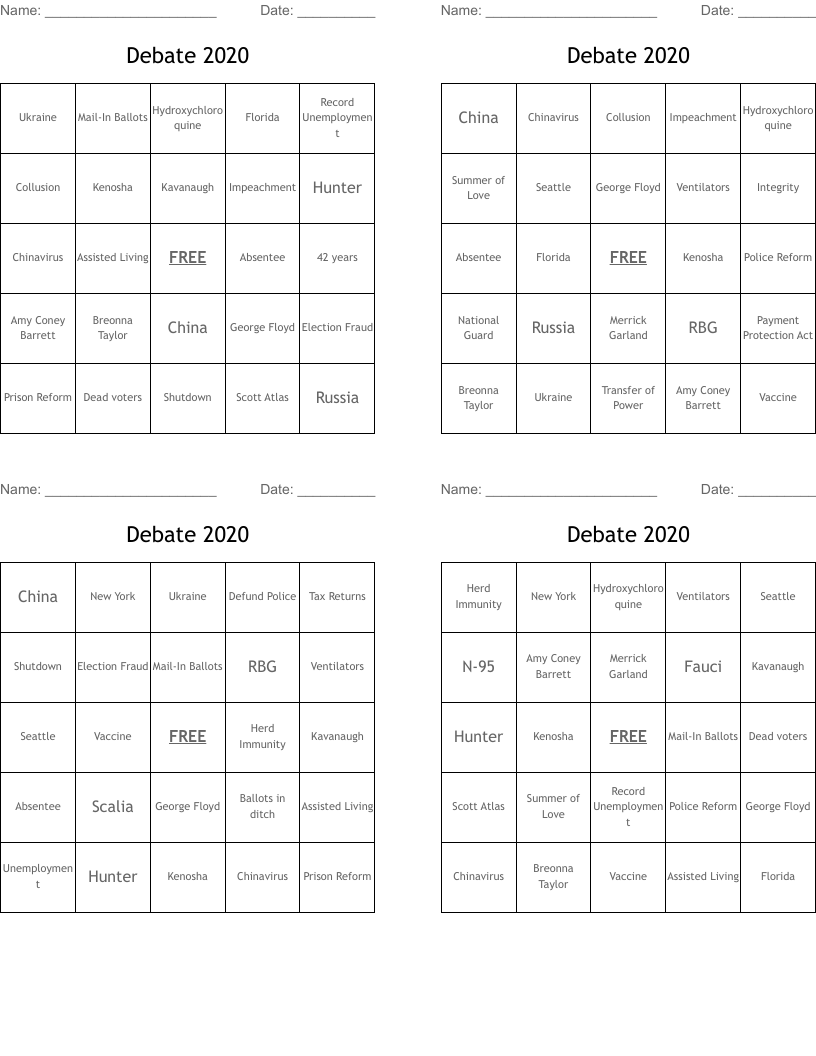 Debate 2020 Bingo Cards