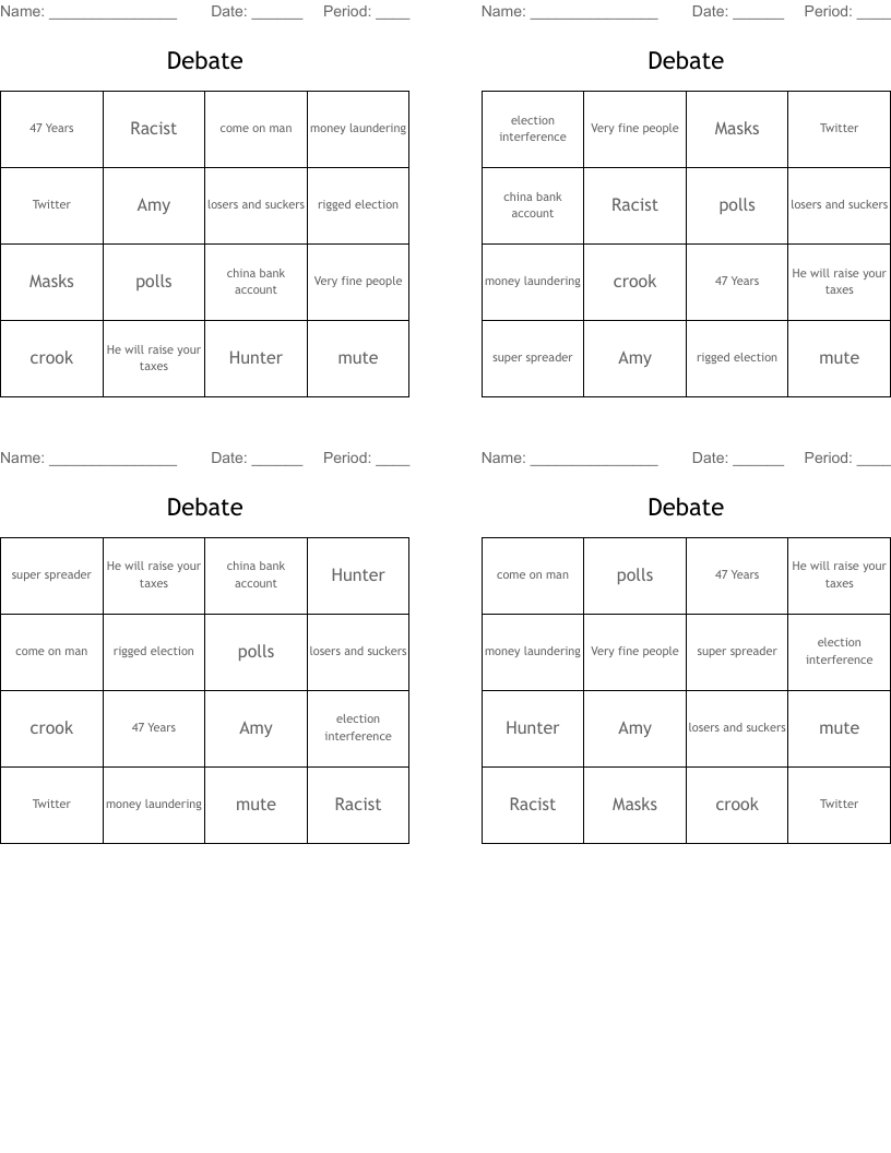 Debate Bingo Cards