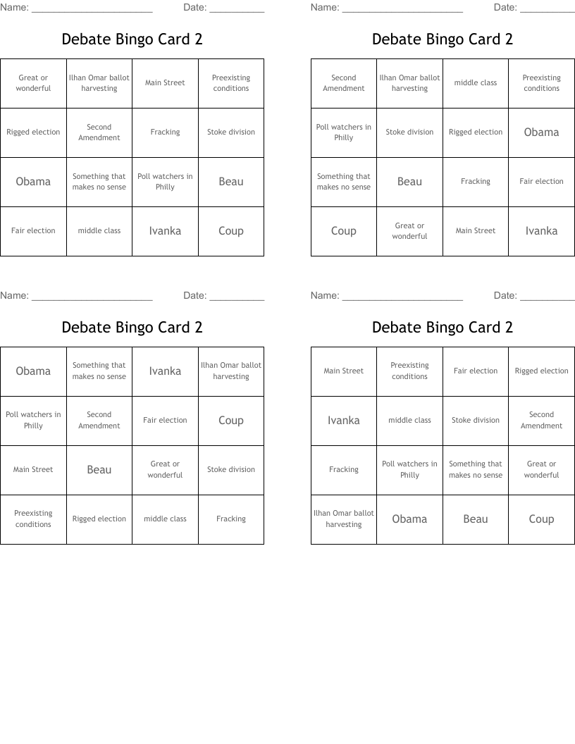 Debate Bingo Card 2