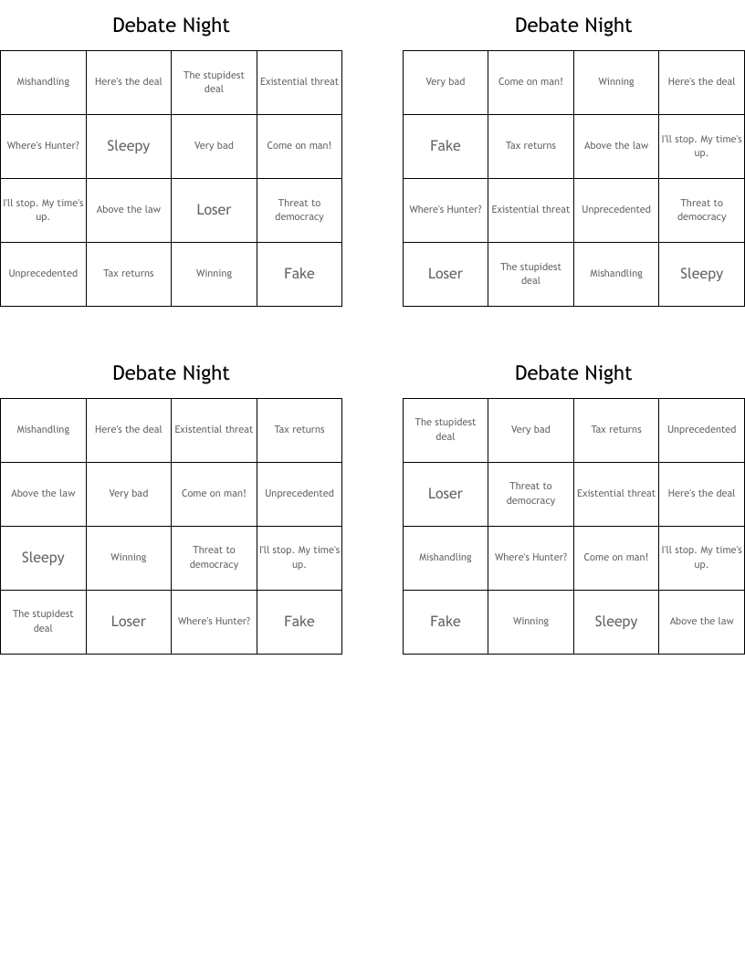 Debate Night Bingo Cards