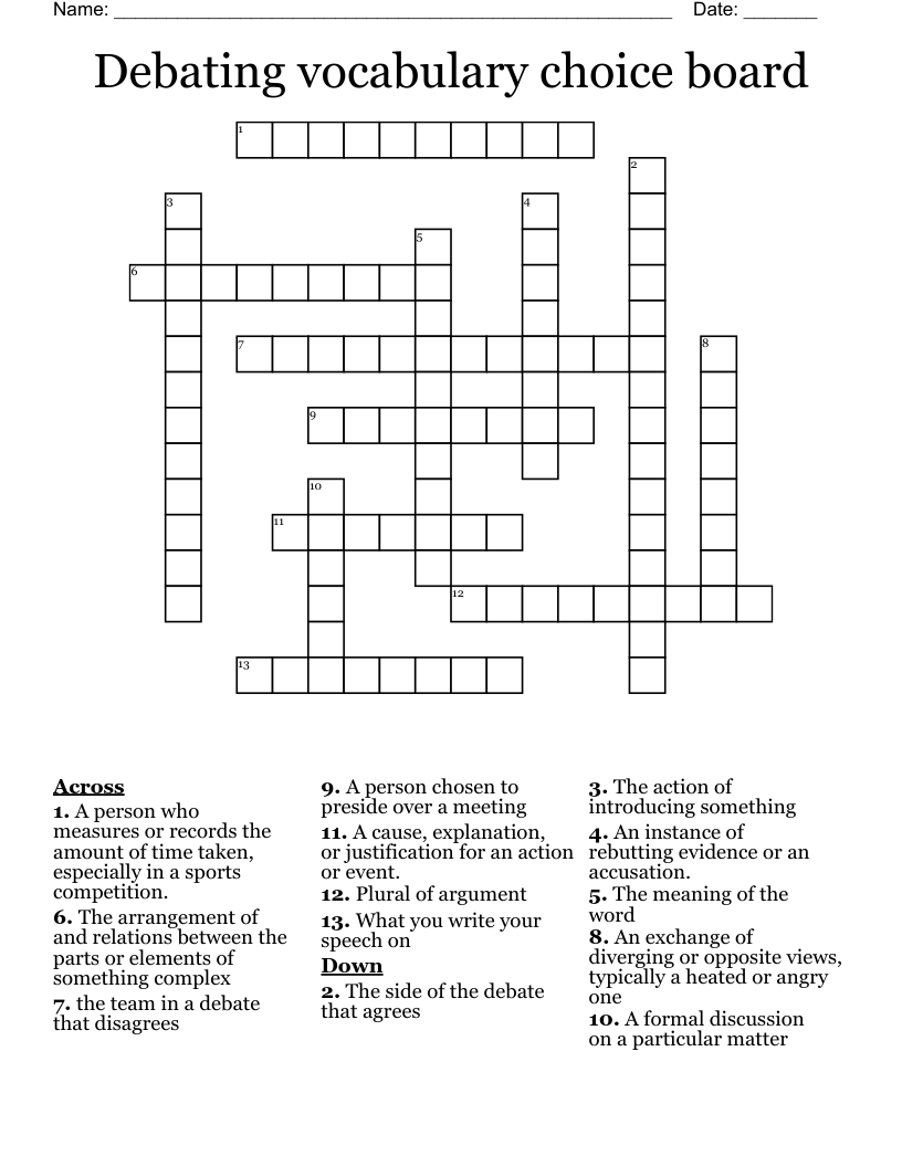 Debating vocabulary choice board Crossword