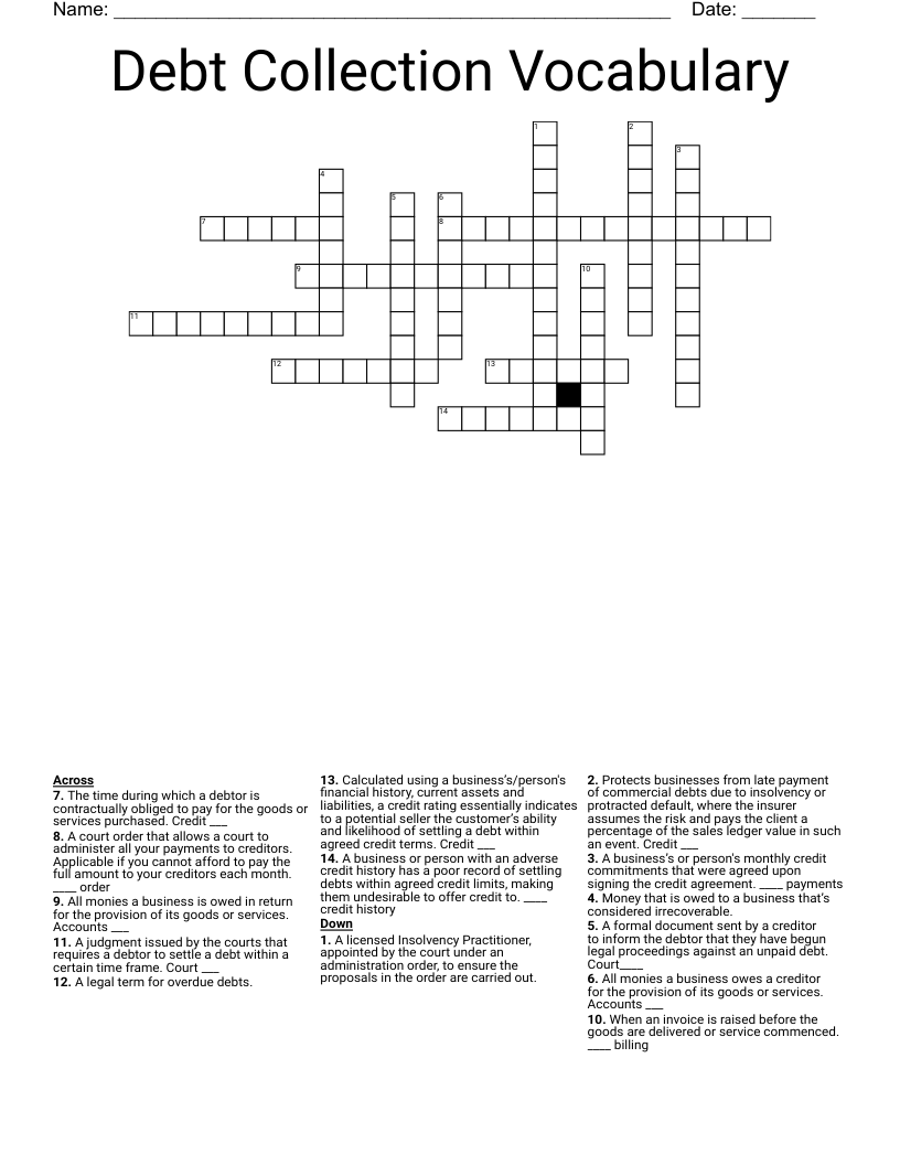 Debt Collection Vocabulary Crossword