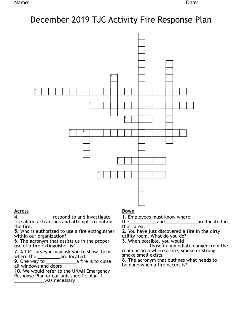 December 2019 TJC Activity     Fire Response Plan Crossword