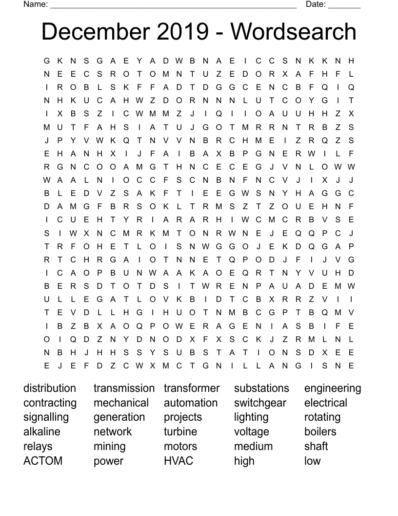 December 2019 - Wordsearch